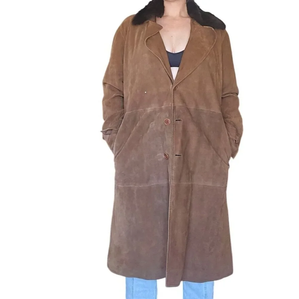 Vintage Suede Fur Lined Brown Belted Trench Coat Men Size 46 Chest Rustic Luxury